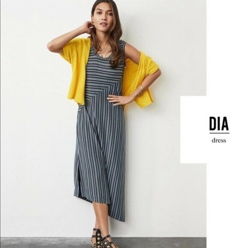 CAbi Dia Grey/Blue Striped Asymmetrical Maxi Dress